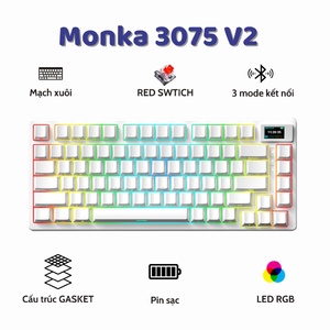 Bàn phím cơ MONKA 3075 bluetooth không dây ver2 - 3 mode - Mạch xuôi - Led RGB - Màn LED - Hỗ trợ Mac , Laptop