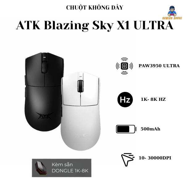 Chuột gaming không dây ATK Blazing Sky X1 Series - Paw3395 Ultra - DPI 3600 - 8K HZ Polling rate - Đi kèm Dongle