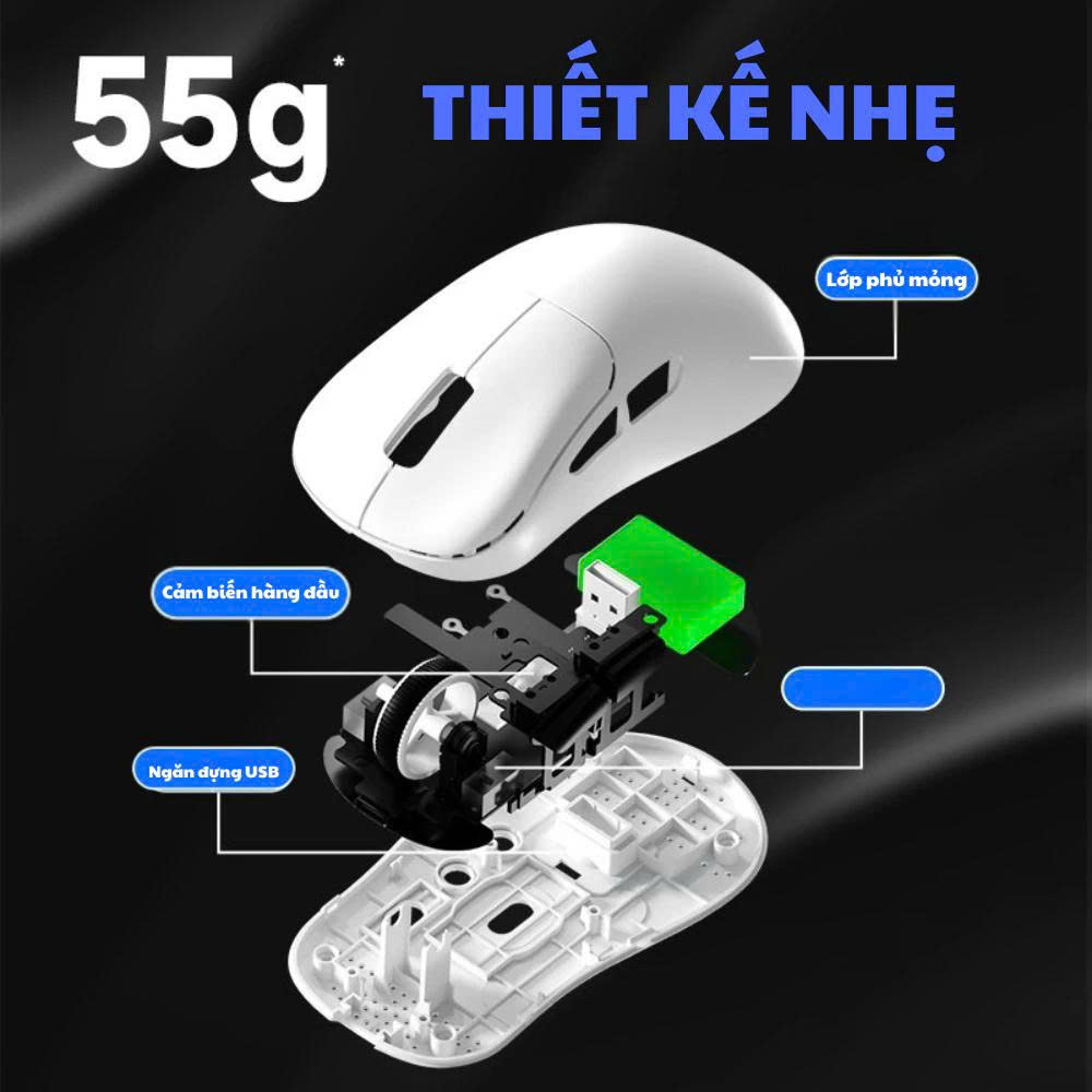 Chuột gaming không dây ATAS V6 PRO - 3 mode - Pin 500mAh - Có app - DPI 12800 - Siêu nhẹ