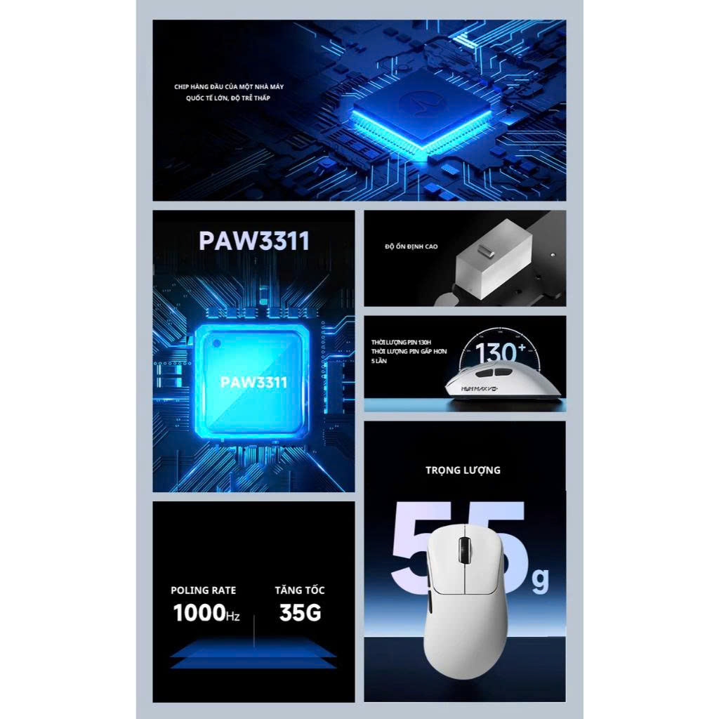 Chuột gaming không dây ATAS V6 MAX - 3 mode - Pin 500mAh - Có app - DPI 22000 - Chip PAW3311