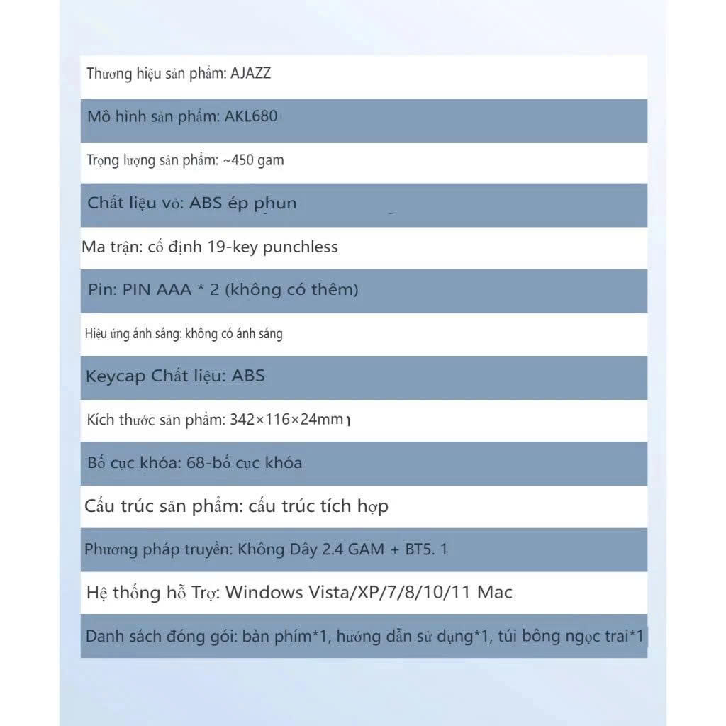 Bàn phím cơ trục ngắn AJAZZ AKL680 không dây- Kết nối chế độ kép- Kết nối bluetooth